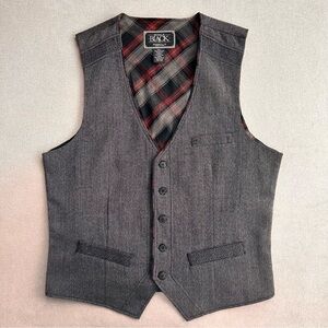 Buckle Black Men's Gray Vest with Red & Black Plaid Lining. Medium.
